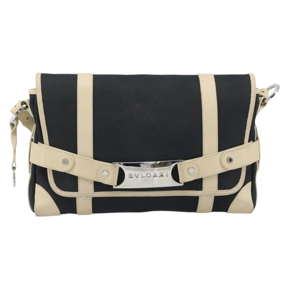 BVLGARI Shoulder Bag Canvas Leather Black Ivory Silver Auth 174478