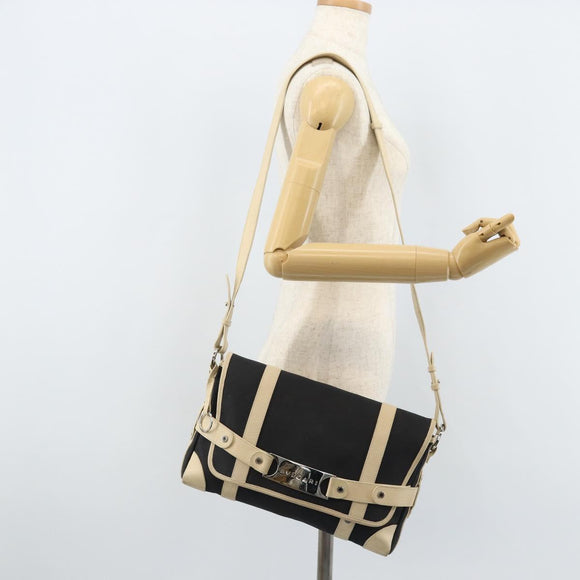 BVLGARI Shoulder Bag Canvas Leather Black Ivory Silver Auth 174478