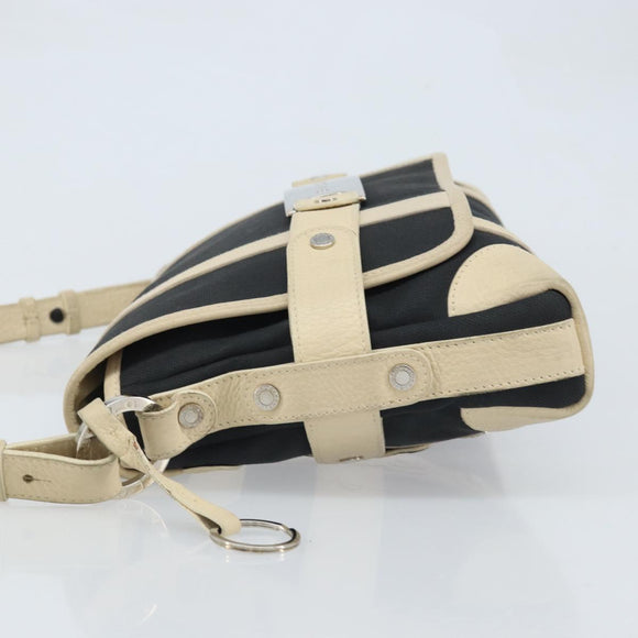 BVLGARI Shoulder Bag Canvas Leather Black Ivory Silver Auth 174478