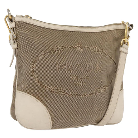 PRADA Shoulder Bag Canvas Leather Beige Gold Auth 174479