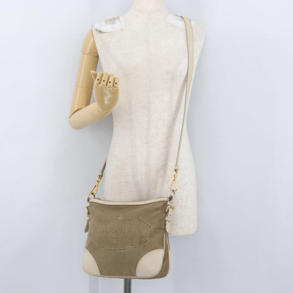 PRADA Shoulder Bag Canvas Leather Beige Gold Auth 174479