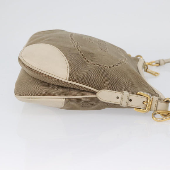 PRADA Shoulder Bag Canvas Leather Beige Gold Auth 174479