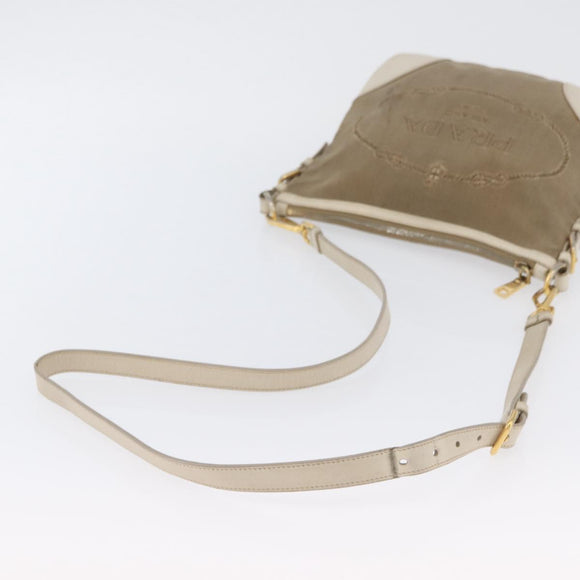 PRADA Shoulder Bag Canvas Leather Beige Gold Auth 174479