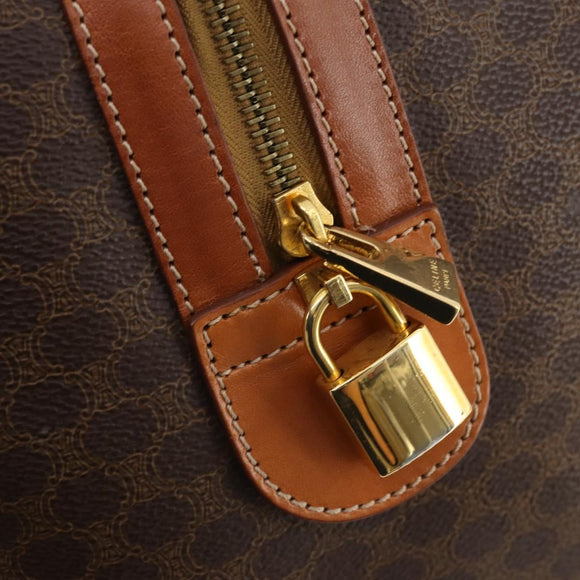 CELINE Macadam Canvas Boston Bag PVC Leather Brown Gold Auth 174501