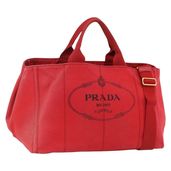 PRADA Canapa GM Hand Bag Canvas 2way Red Gold Auth 174514