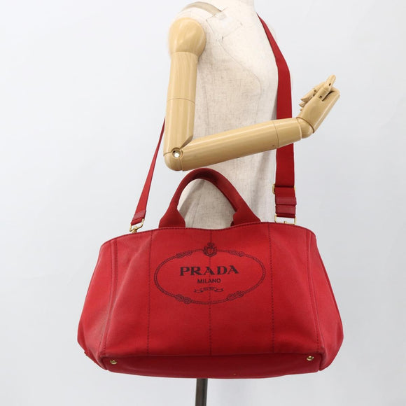 PRADA Canapa GM Hand Bag Canvas 2way Red Gold Auth 174514