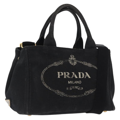 PRADA Canapa PM Hand Bag Canvas 2way Black Gold Auth 174537