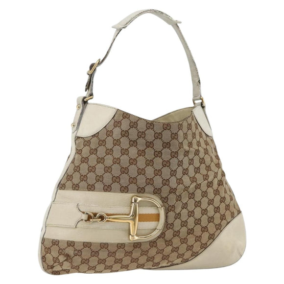 GUCCI GG Canvas Horsebit Shoulder Bag Beige Gold Auth 174565