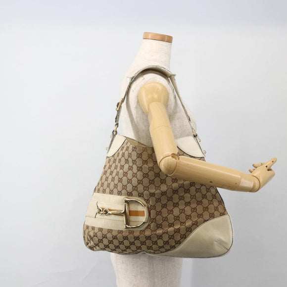 GUCCI GG Canvas Horsebit Shoulder Bag Beige Gold Auth 174565