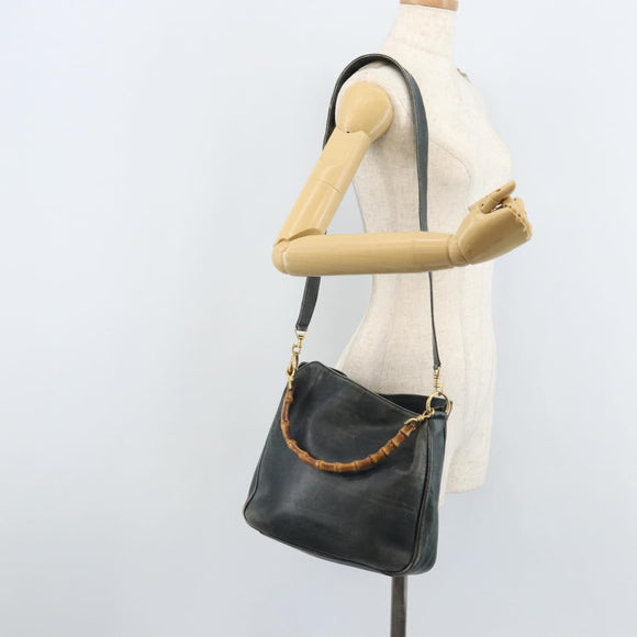 GUCCI Bamboo Shoulder Bag Leather 2way Black Gold 001 3444 1038 Auth 174578