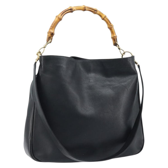 GUCCI Bamboo Shoulder Bag Leather 2way Black Gold 001 1781 1577 Auth 174579