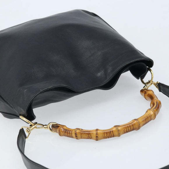 GUCCI Bamboo Shoulder Bag Leather 2way Black Gold 001 1781 1577 Auth 174579