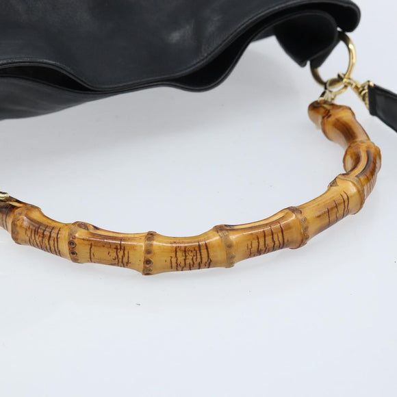 GUCCI Bamboo Shoulder Bag Leather 2way Black Gold 001 1781 1577 Auth 174579
