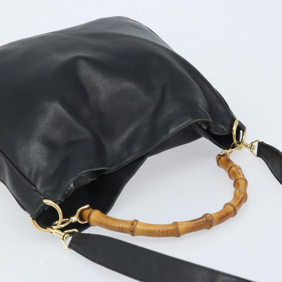 GUCCI Bamboo Shoulder Bag Leather 2way Black Gold 001 3444 1577 Auth 174580