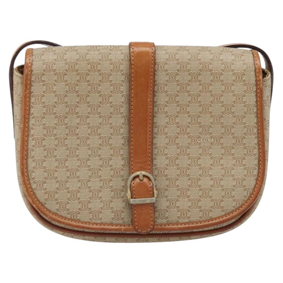 CELINE Macadam Canvas Shoulder Bag PVC Beige Gold Auth 174598