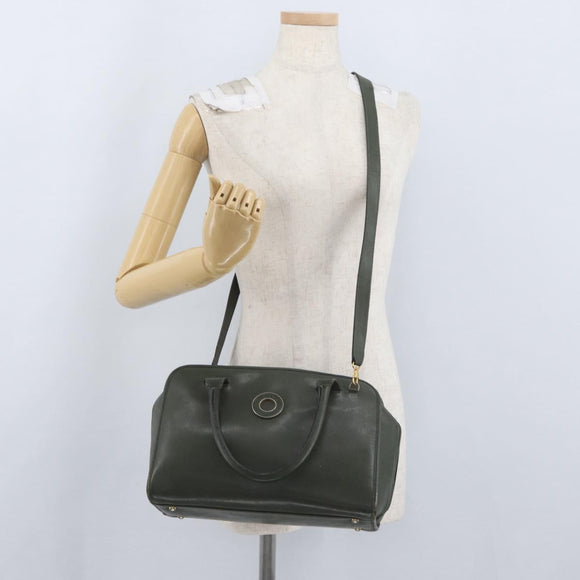 CELINE Hand Bag Leather Khaki Gold Auth 174600