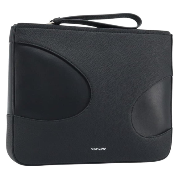 Salvatore Ferragamo Clutch Bag Leather Black Silver Auth 174608