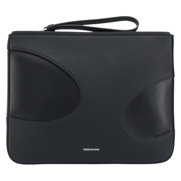 Salvatore Ferragamo Clutch Bag Leather Black Silver Auth 174608