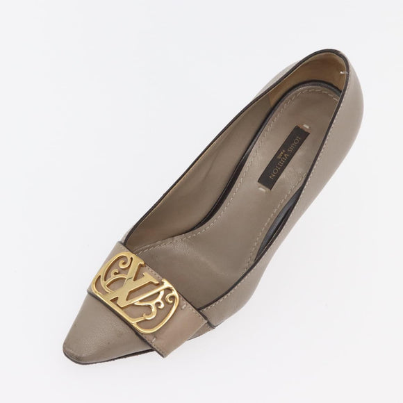 LOUIS VUITTON Heel Pumps Leather 35 1/2 Beige LV Auth 174620A