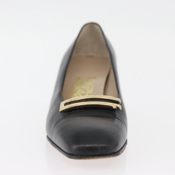 Salvatore Ferragamo Heel Pumps Leather 4 1/2 Black Auth 174621A