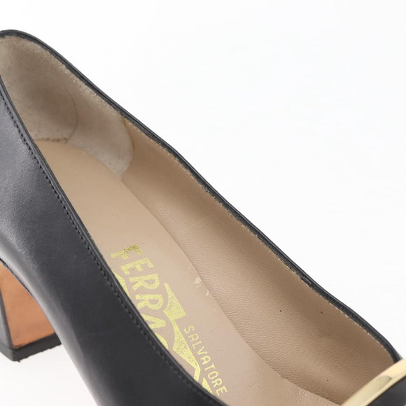 Salvatore Ferragamo Heel Pumps Leather 4 1/2 Black Auth 174621A