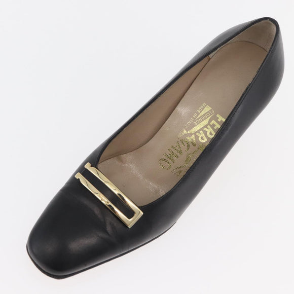 Salvatore Ferragamo Heel Pumps Leather 4 1/2 Black Auth 174621A