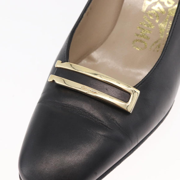 Salvatore Ferragamo Heel Pumps Leather 4 1/2 Black Auth 174621A