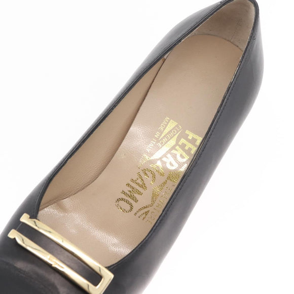 Salvatore Ferragamo Heel Pumps Leather 4 1/2 Black Auth 174621A