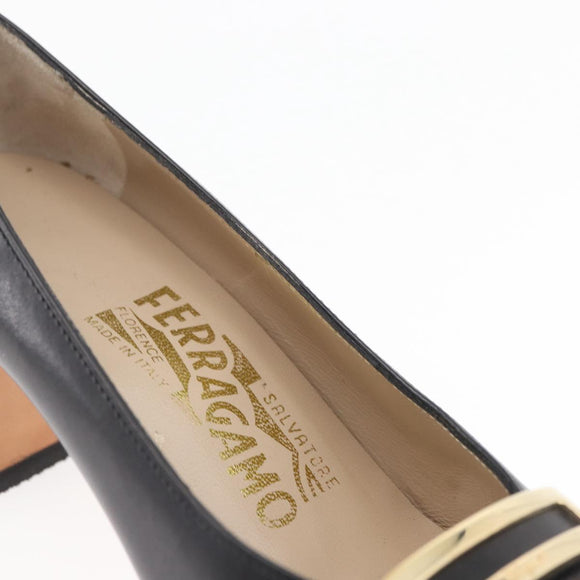 Salvatore Ferragamo Heel Pumps Leather 4 1/2 Black Auth 174621A