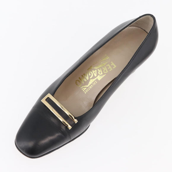 Salvatore Ferragamo Heel Pumps Leather 4 1/2 Black Auth 174621A