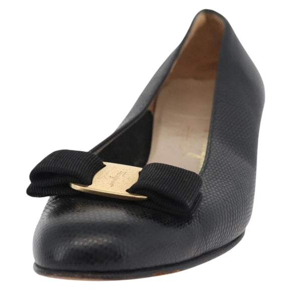 Salvatore Ferragamo Vara Ribbon Pumps Leather 7 1/2 Black Auth 174626A