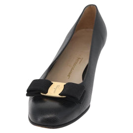Salvatore Ferragamo Vara Ribbon Pumps Leather 7 1/2 Black Auth 174626A - 0
