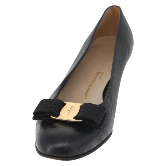 Salvatore Ferragamo Vara Ribbon Pumps Leather 7 1/2 Black Auth 174626A