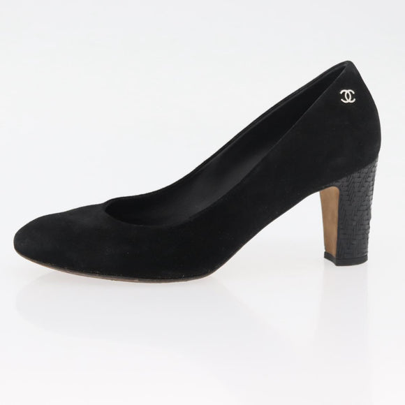 CHANEL Heel Pumps Suede 36 1/2 C Black CC Auth 174628A