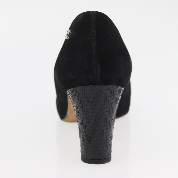 CHANEL Heel Pumps Suede 36 1/2 C Black CC Auth 174628A