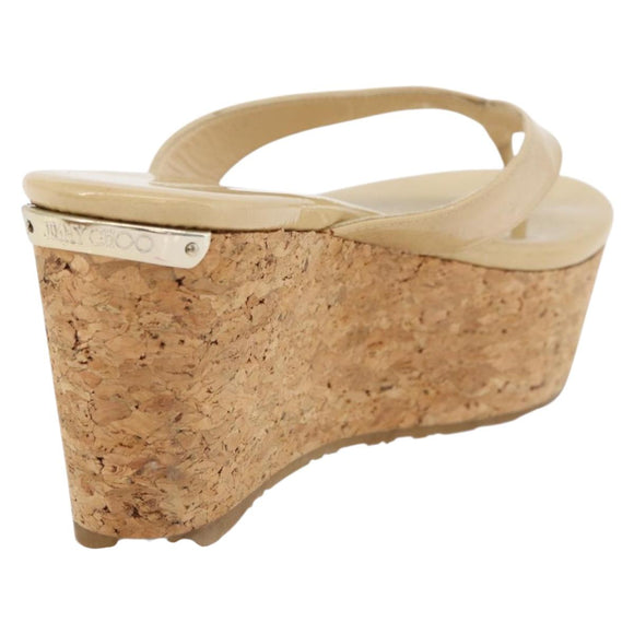 Jimmy Choo Cork Wedge Sandals Patent leather Beige Auth 174633A