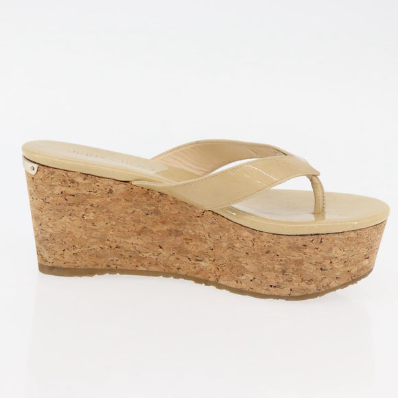 Jimmy Choo Cork Wedge Sandals Patent leather Beige Auth 174633A
