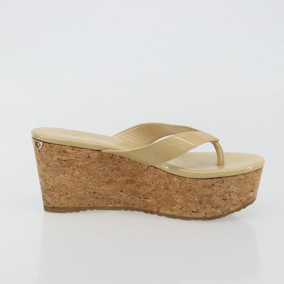 Jimmy Choo Kork-Wedge-Sandalen Lackleder Beige Auth 174633A
