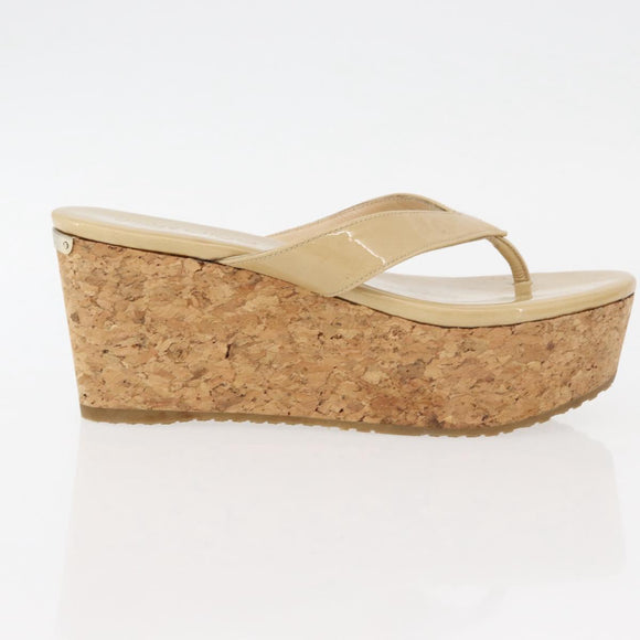 Jimmy Choo Cork Wedge Sandals Patent leather Beige Auth 174633A
