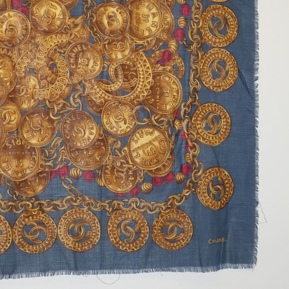 CHANEL Scarf Wool Silk Navy CC Auth 174639A