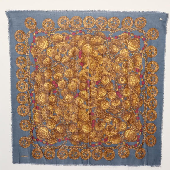 CHANEL Scarf Wool Silk Navy CC Auth 174639A