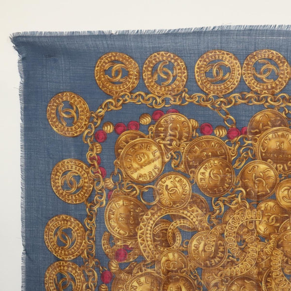 CHANEL Scarf Wool Silk Navy CC Auth 174639A