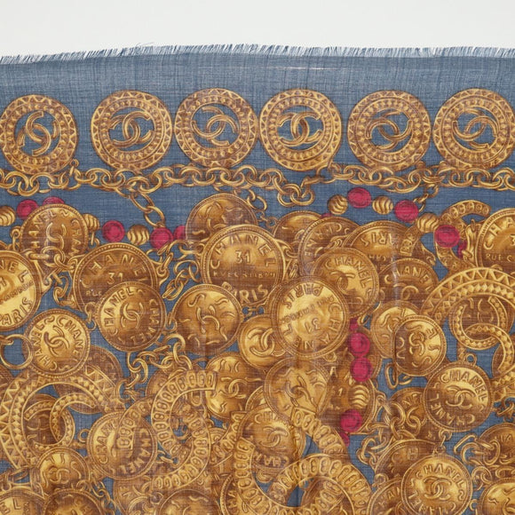 CHANEL Scarf Wool Silk Navy CC Auth 174639A