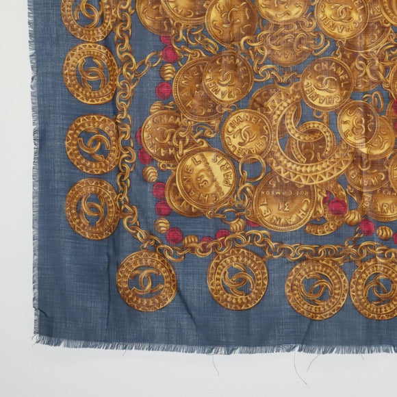 CHANEL Scarf Wool Silk Navy CC Auth 174639A