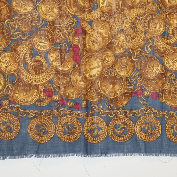 CHANEL Scarf Wool Silk Navy CC Auth 174639A