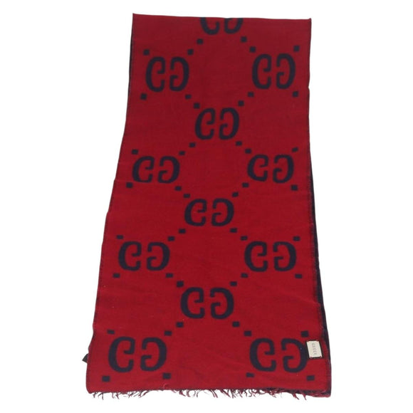 GUCCI GG Jacquard Scarf Wool Navy Red Auth 174669A
