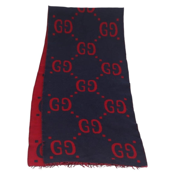 GUCCI GG Jacquard Scarf Wool Navy Red Auth 174669A