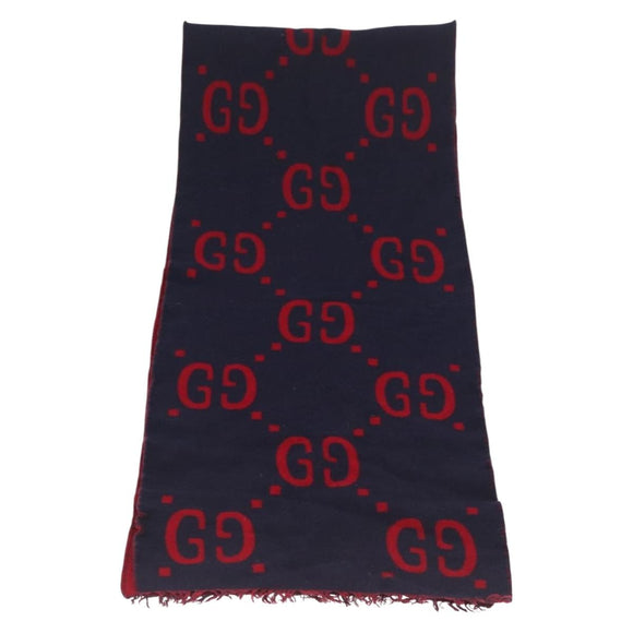 GUCCI GG Jacquard Scarf Wool Navy Red Auth 174669A