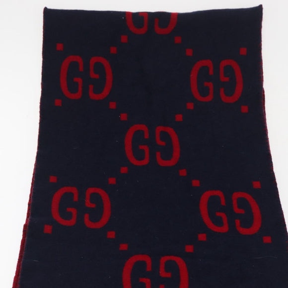 GUCCI GG Jacquard Scarf Wool Navy Red Auth 174669A