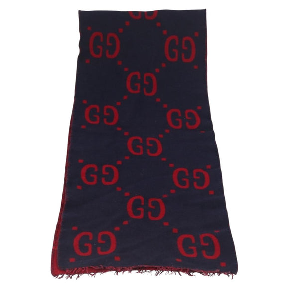 GUCCI GG Jacquard Scarf Wool Navy Red Auth 174669A